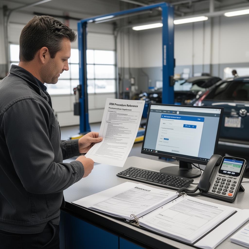 Auto body shop owner reviewing supplement document at estimating counter with OEM procedure binder and insurance claim portal on phone visible nearby