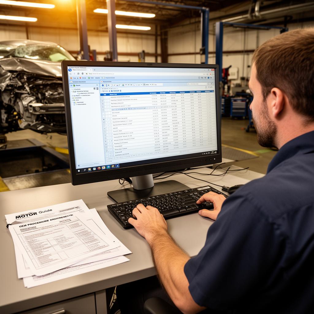 Estimator at desktop workstation reviewing CCC ONE estimate on screen with printed MOTOR guide pages and OEM procedure document on desk beside keyboard