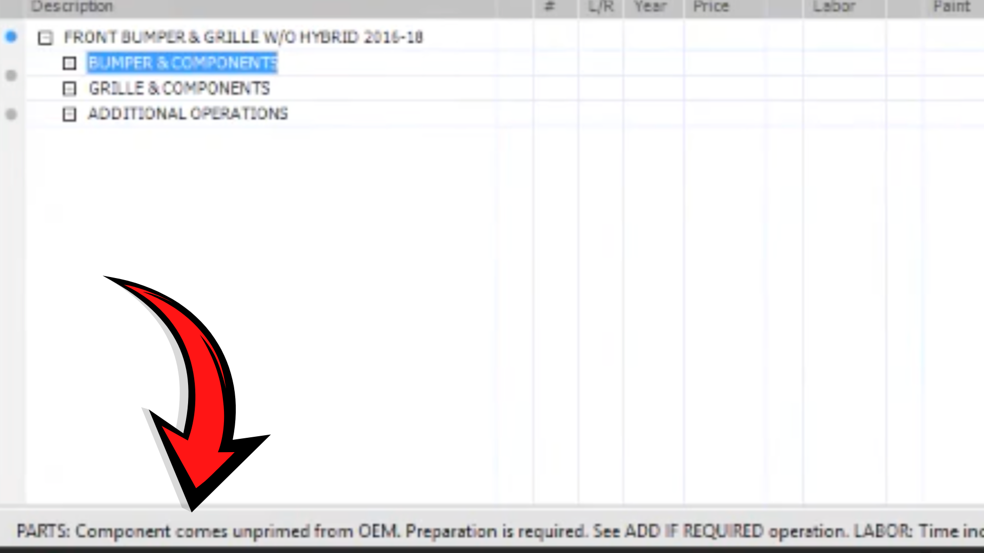 CCC ONE screen showing MOTOR guide labor footnotes at bottom of estimate line item, with red arrow pointing to footnote text that does not print on adjuster copy