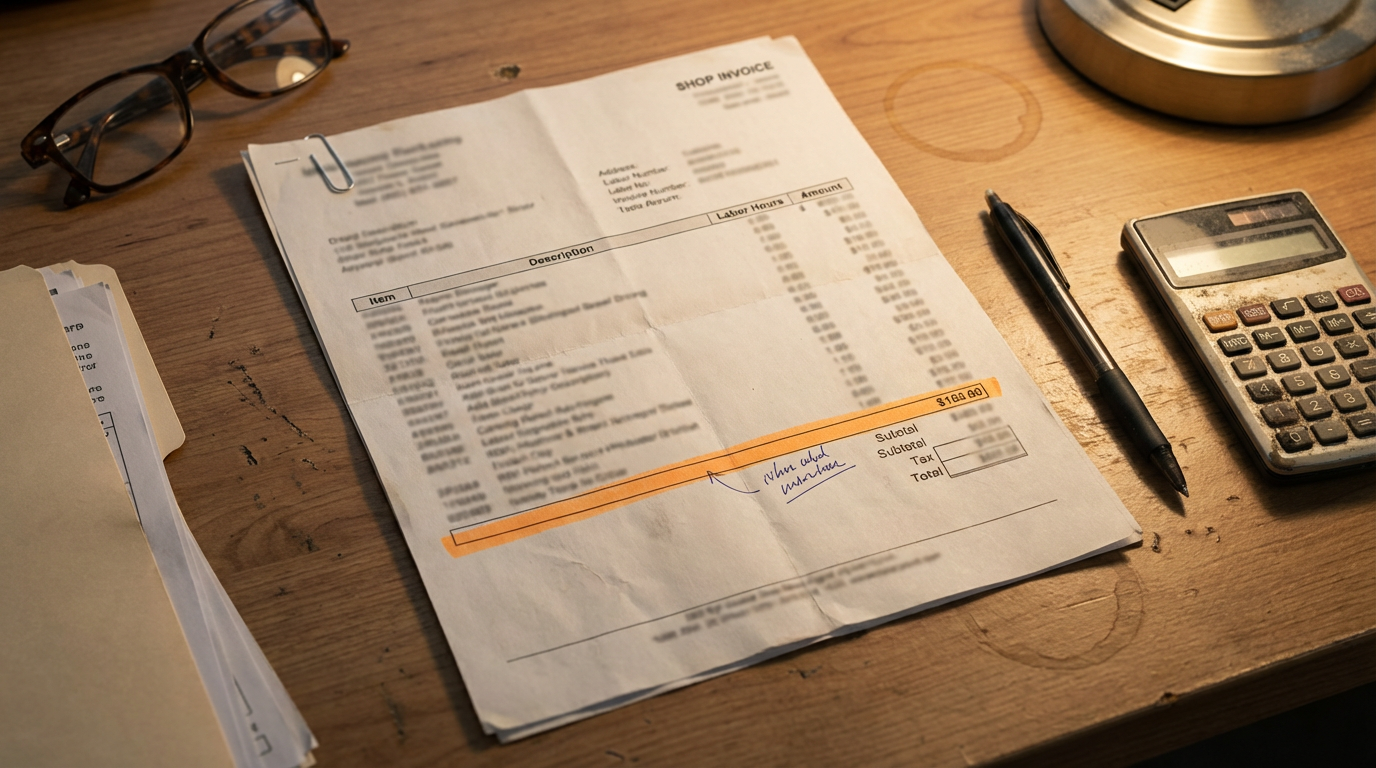 Printed shop invoice on desk with highlighted line showing insurance deficiency amount, pen and calculator nearby