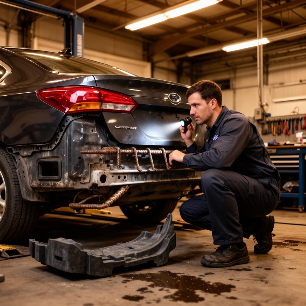 Collision repair technician examining rear rebar and body panel with bumper cover removed, using flashlight in shop bay