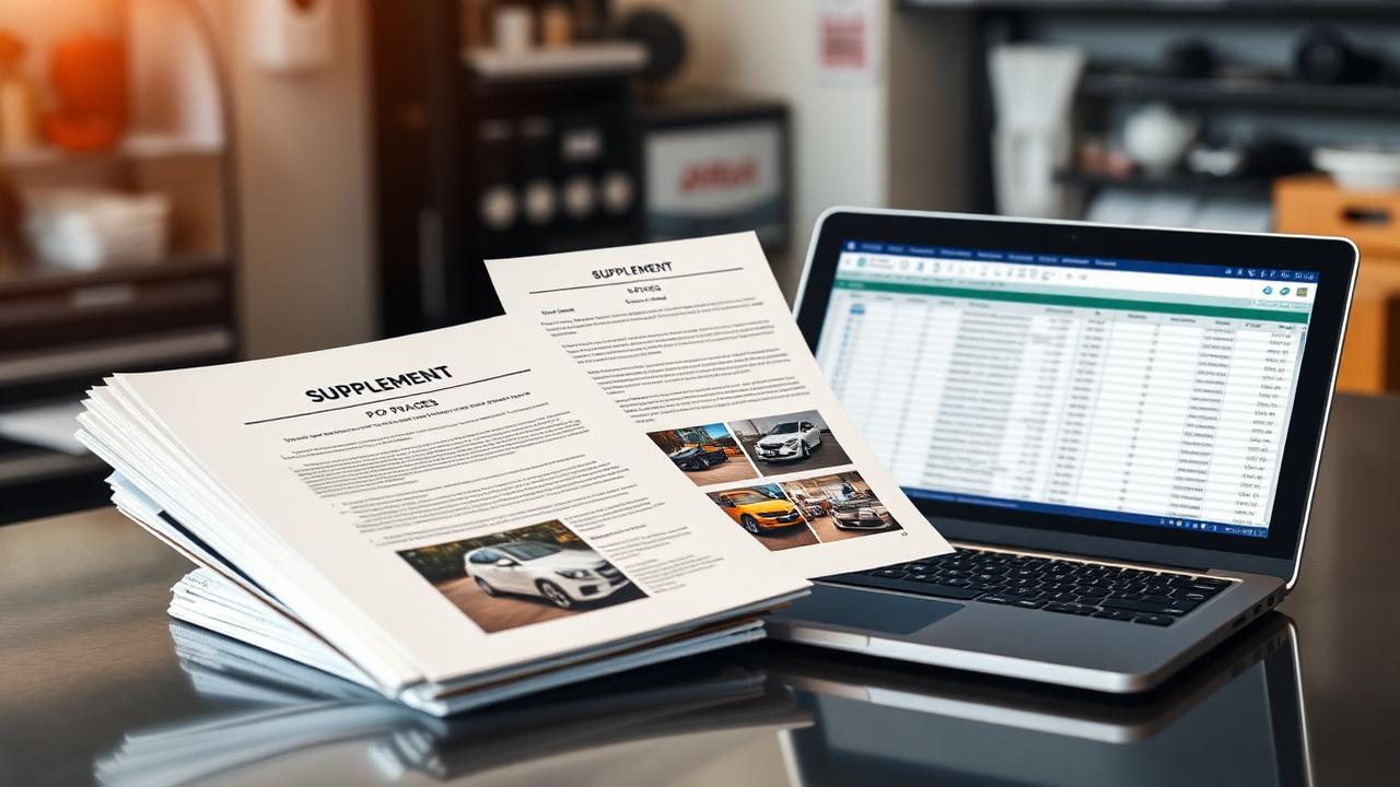 Shop counter with supplement packet including printed P-pages, OEM position statement, and photos clipped together beside an open estimate on a laptop screen