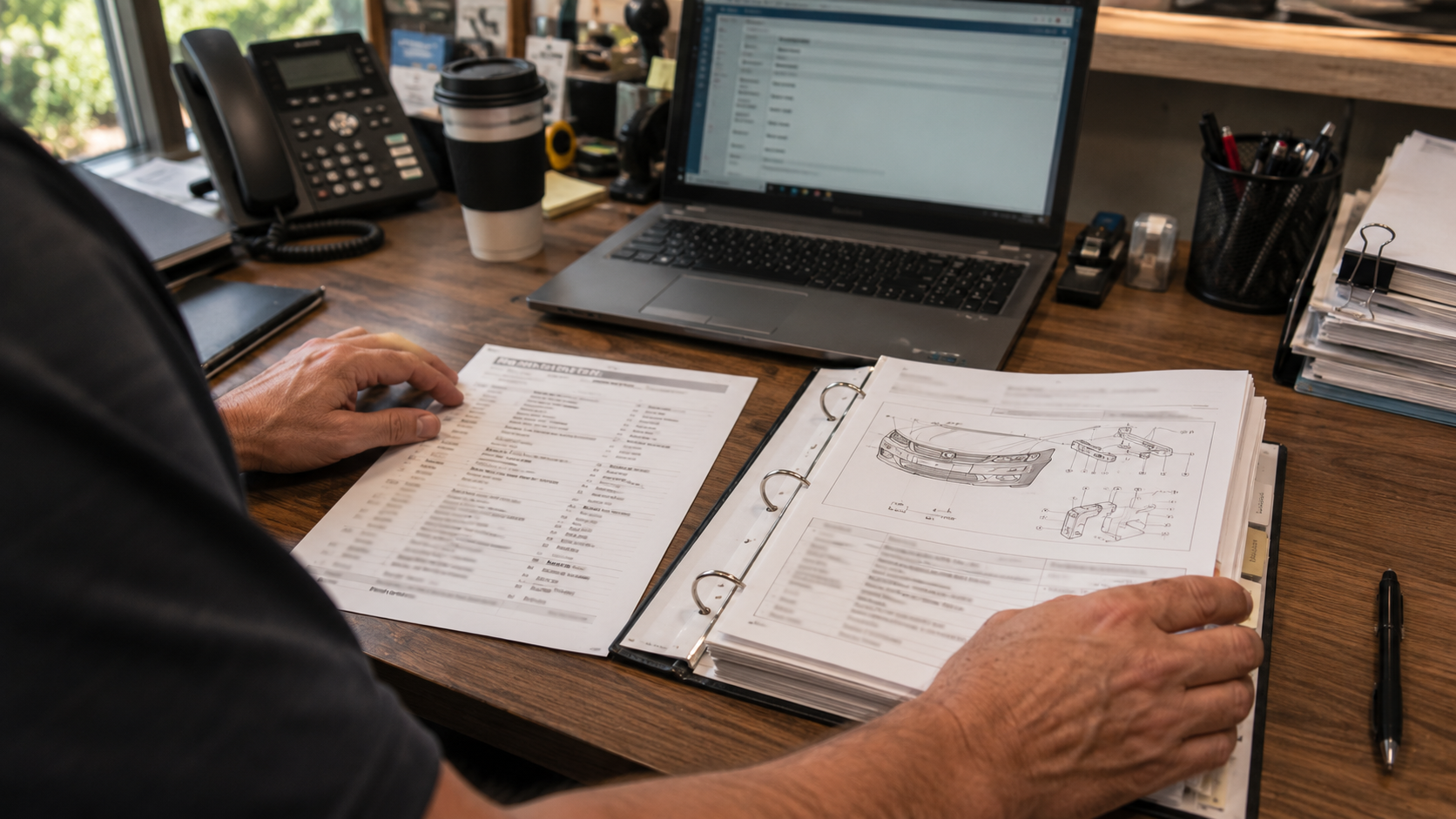 Shop estimator reviewing pre-repair scan report and OEM position statement printout at a desk with laptop open