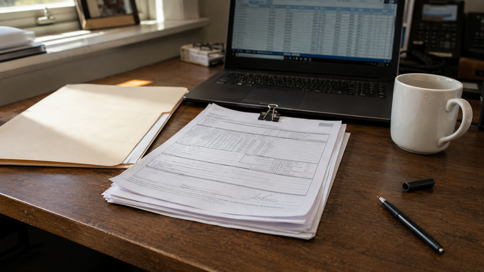 Repair invoice and signed authorization form clipped together on a shop office desk beside a laptop and manila folder