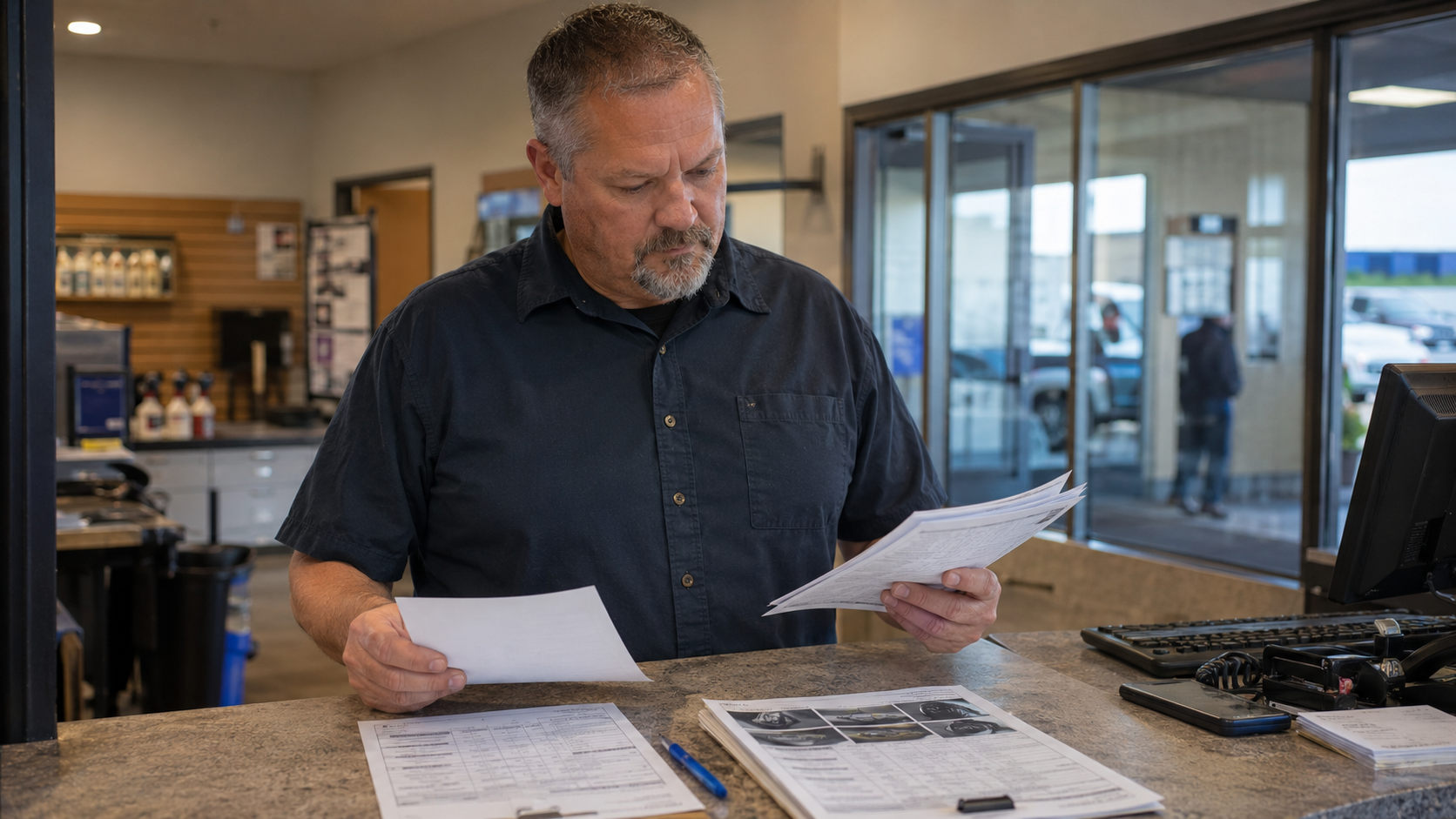 Shop owner at counter reviewing insurance correspondence and supplement documents with printed estimate comparison visible
