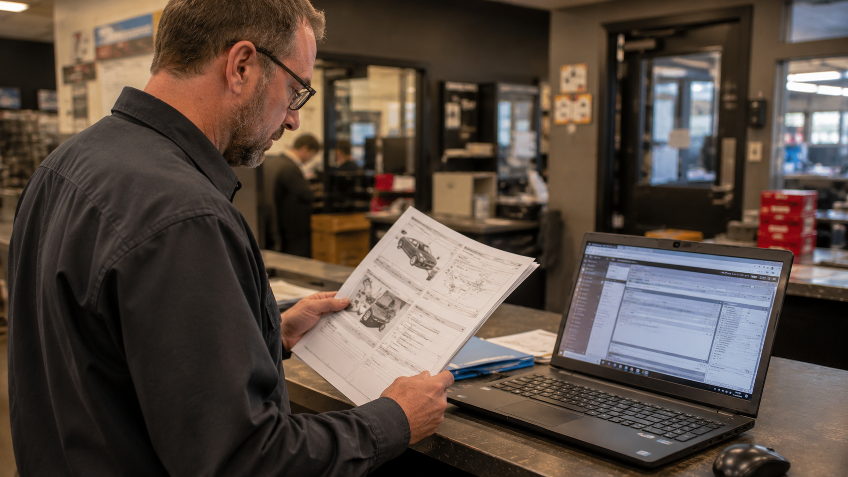 Estimator reviewing printed OEM procedure document next to laptop showing estimating software with repair line items visible