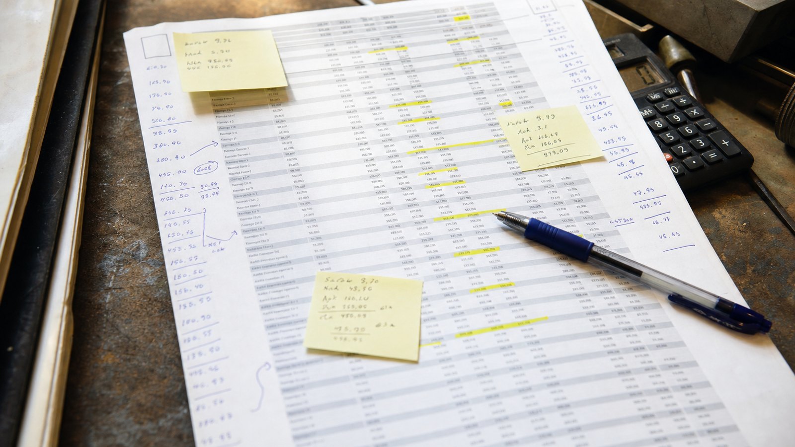 Close-up of a printed rate comparison report with highlighted figures and handwritten sticky note annotations on a shop desk