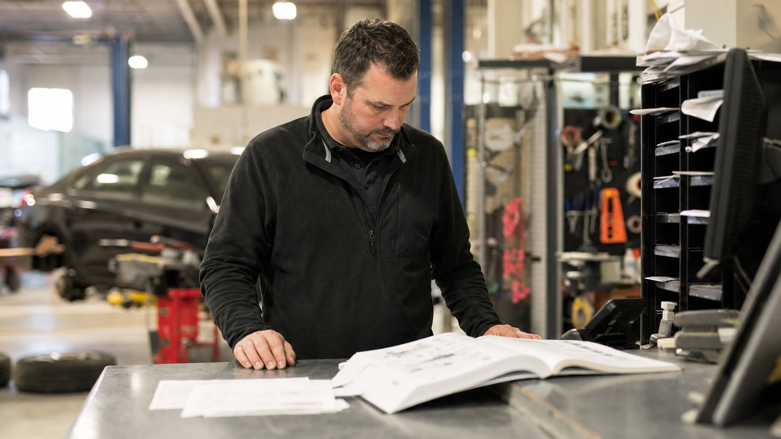 Auto body estimator at a shop service counter reviewing an open OEM service manual, with parts shelving and a vehicle on a lift in the background