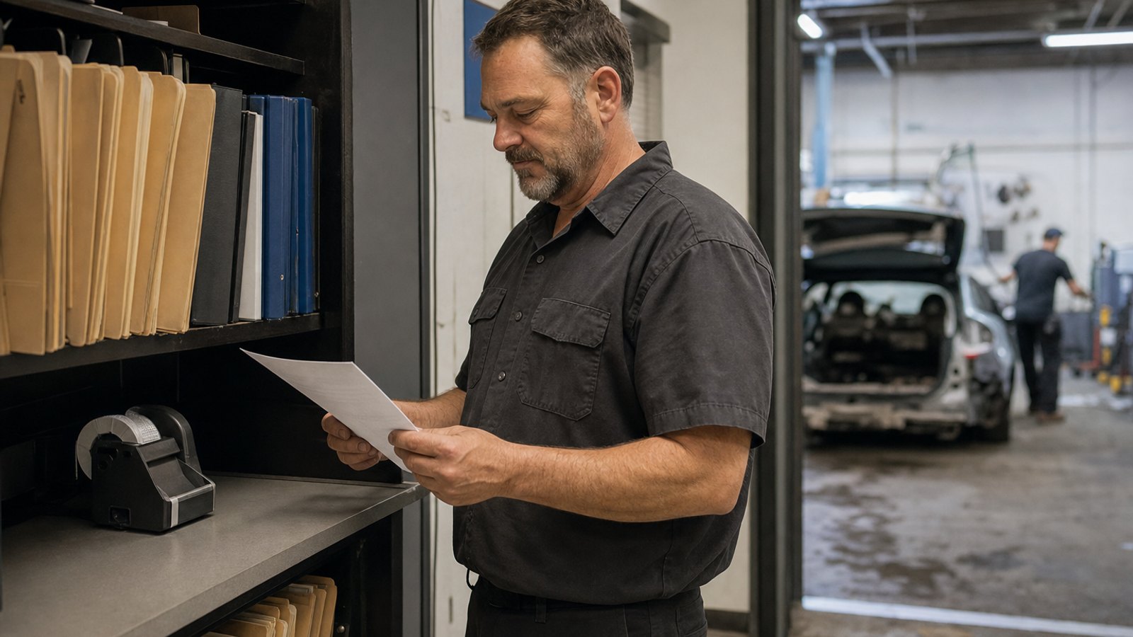 A shop owner standing at a repair order station reviewing an approved supplement document with a satisfied expression