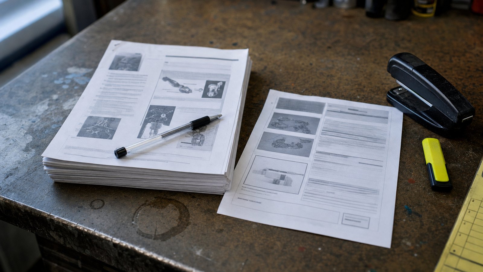 Close-up of printed OEM procedure pages and a supplement packet on a worn shop desk with a stapler and pen