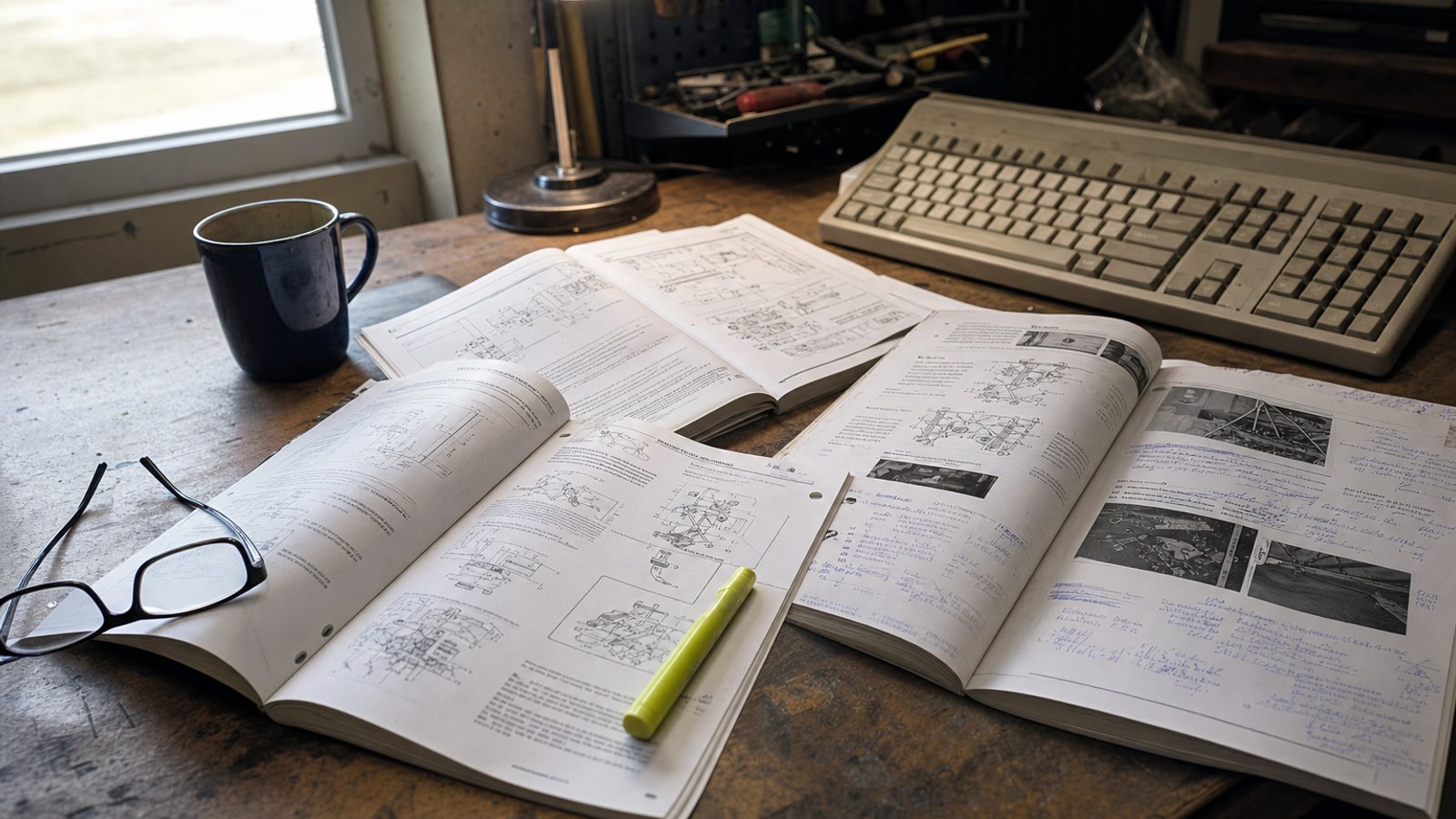 Printed OEM procedure pages spread across a shop desk next to a keyboard and a coffee mug, with handwritten notes in the margins
