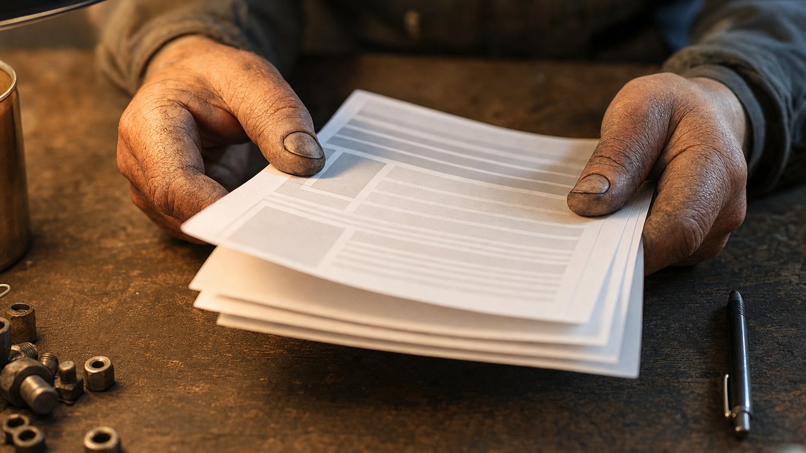 Close-up of a shop owner's hands holding a printed supplement document stamped approved on a worn wooden shop desk