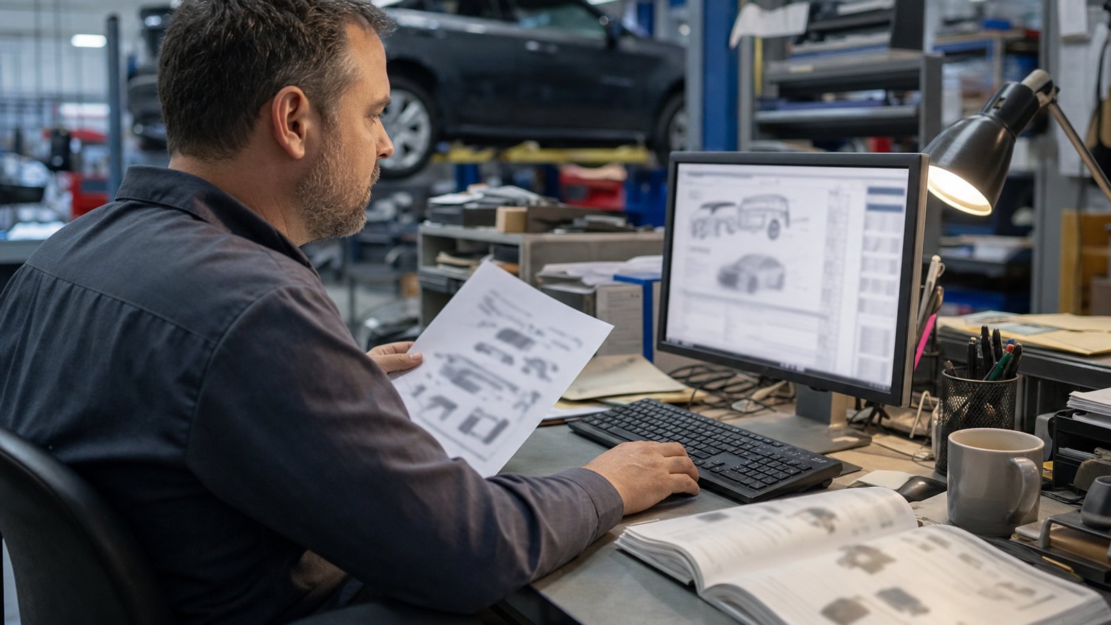 A collision repair estimator at a workstation reviewing a printed OEM procedure document beside a monitor showing an estimate