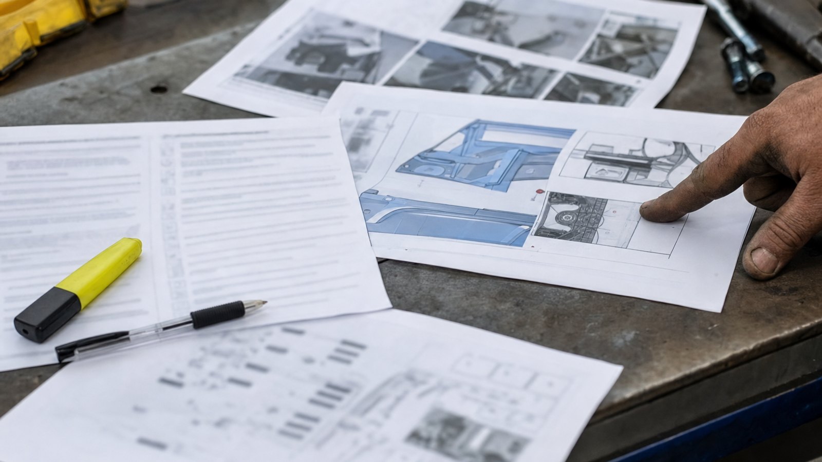 Close-up of printed OEM aluminum repair procedure manual pages spread across a worn shop workbench with a pen and highlighter