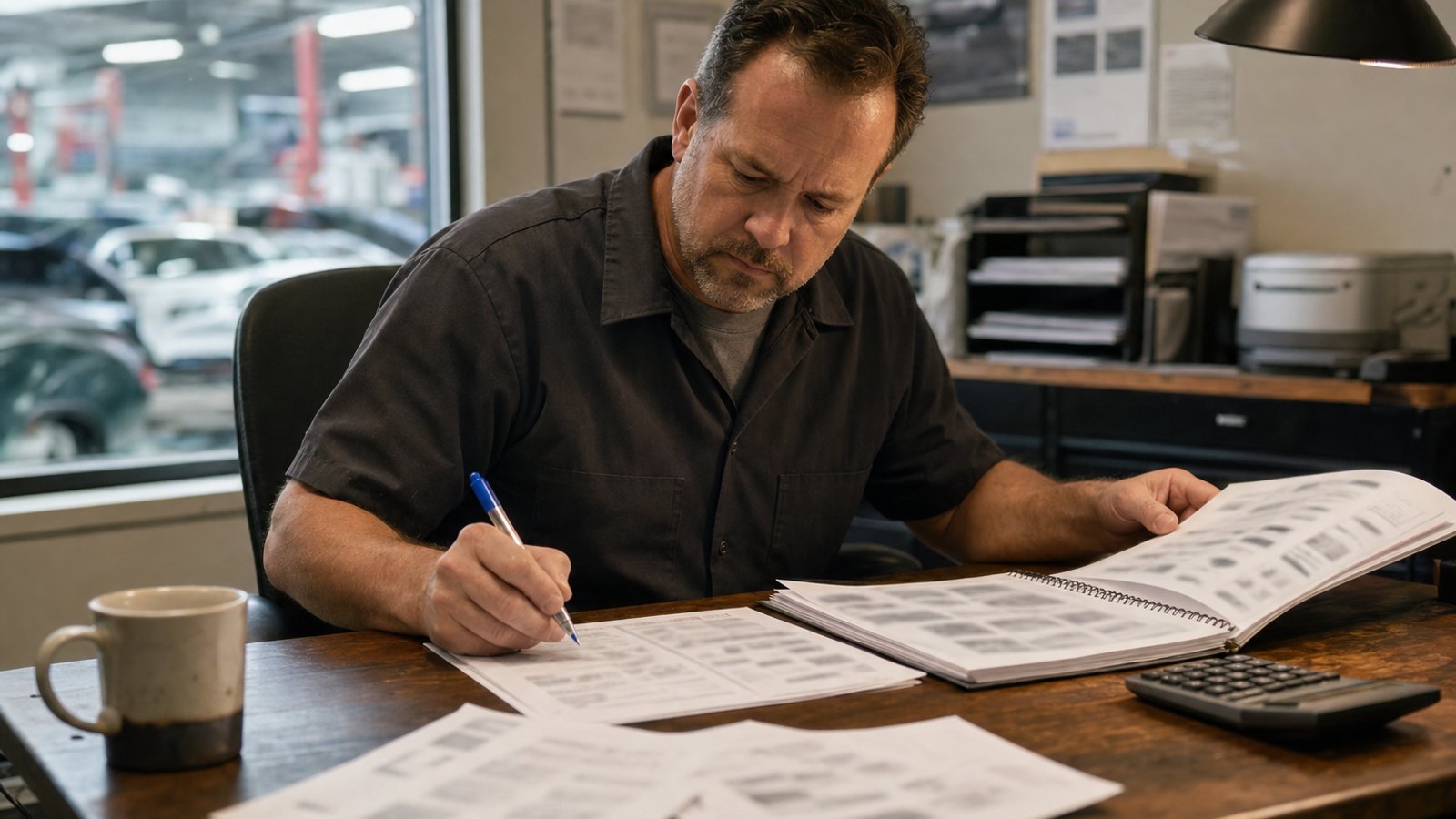Shop estimator in his 40s writing line items by hand on a printed repair order at a worn wooden desk with OEM procedure pages nearby