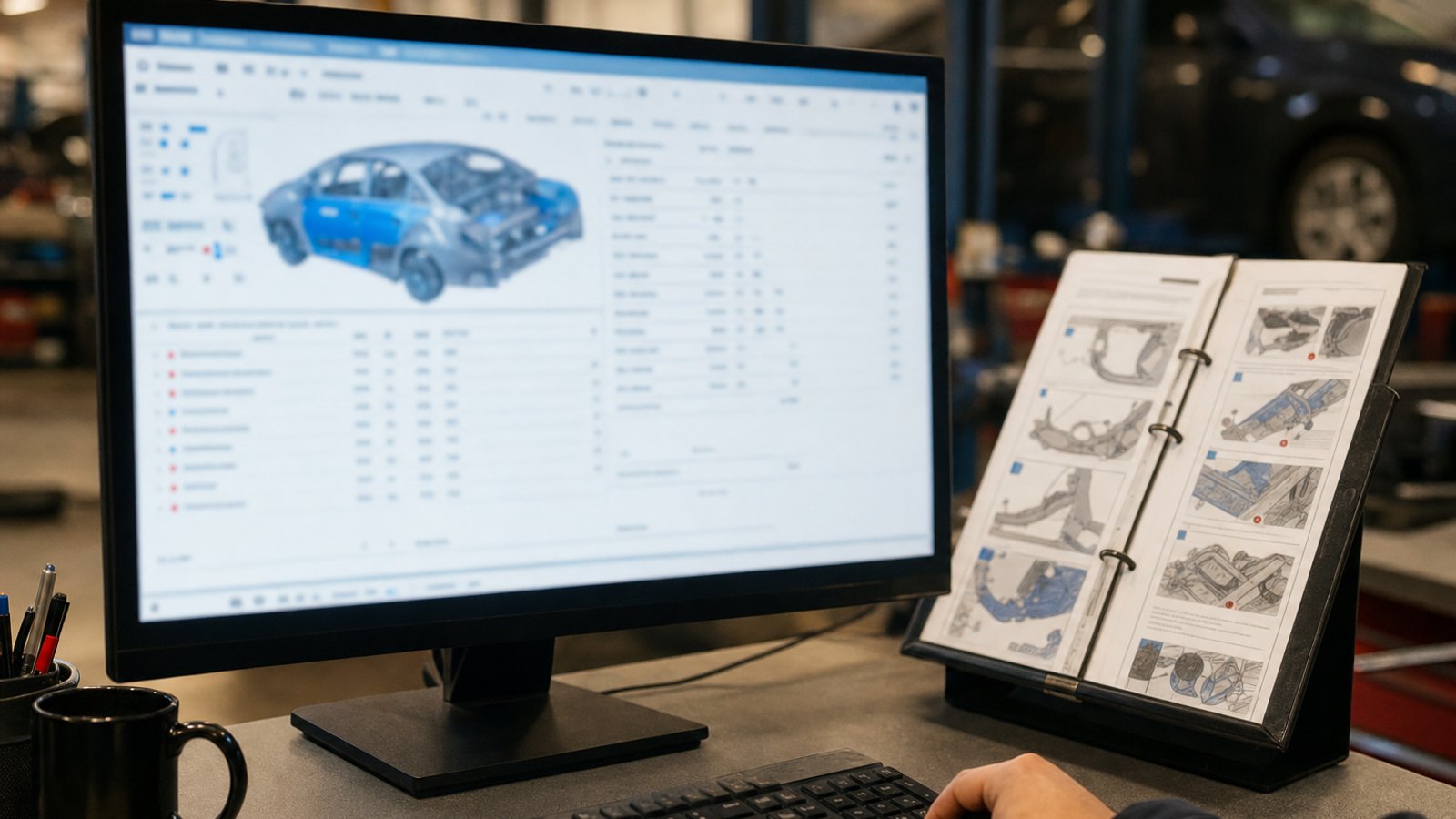 Close-up of a computer screen showing a collision repair estimate with a printed OEM procedure page open beside it