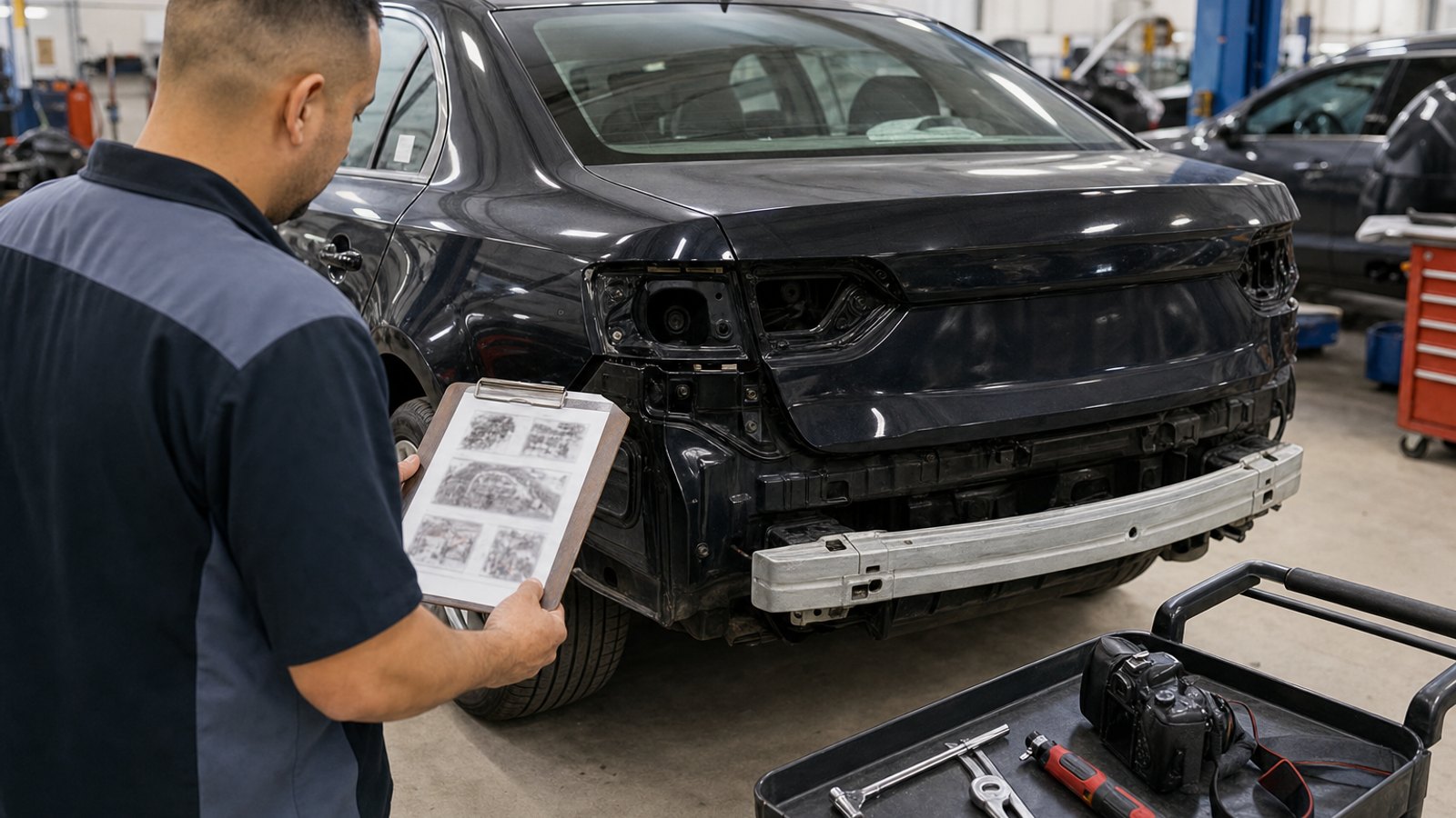 Technician documenting vehicle teardown with a printed OEM procedure page clipped to a clipboard on a shop floor