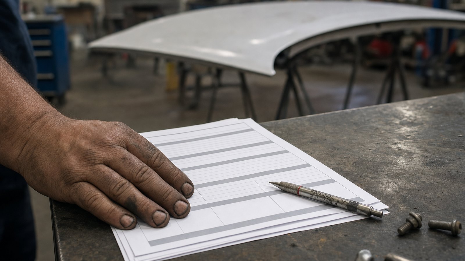 Printed estimate on a worn workbench showing a 2024 Ford Mustang hood and fender refinish line items with handwritten notes