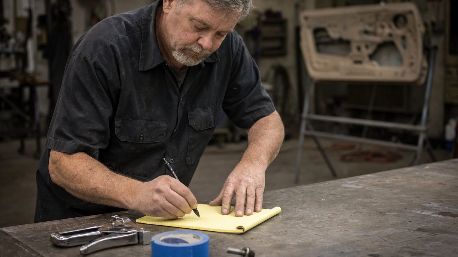Shop owner in work shirt writing notes by hand on a yellow legal pad at a cluttered collision shop workbench