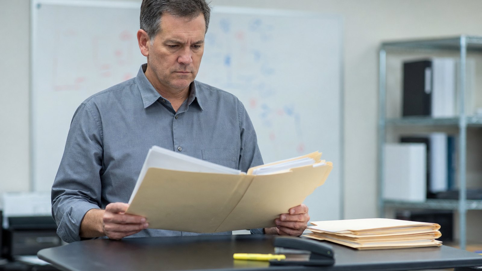 Shop owner at a standing desk opening a thick manila folder of supplement documentation with printed estimates stacked beside it