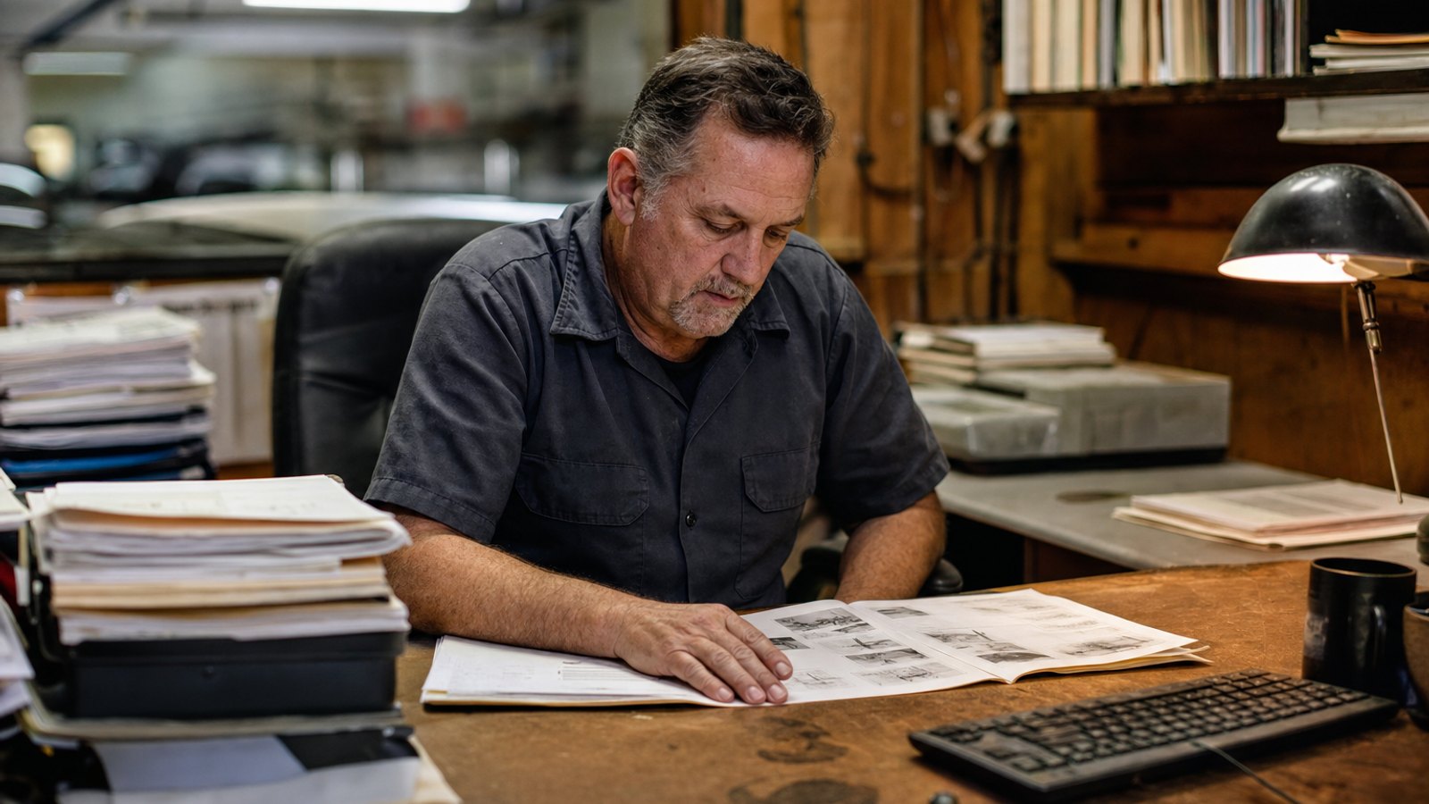 A shop owner in his 50s reviewing a printed estimate spread across a worn wooden desk with shop invoice records stacked nearby