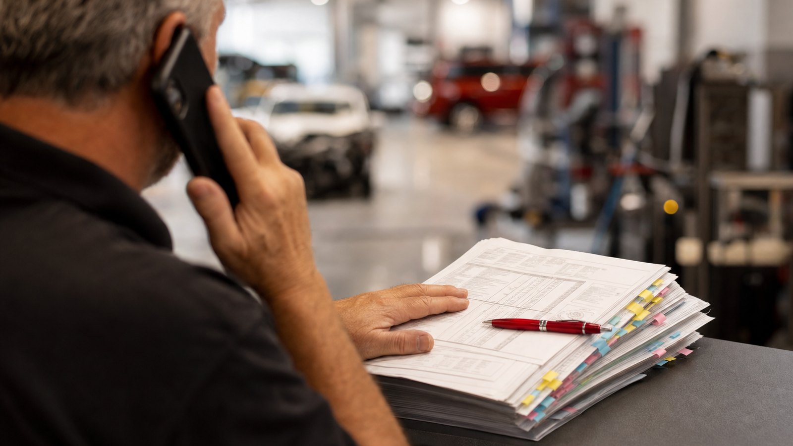 Shop owner on the phone with one hand resting on a tabbed stack of printed repair documentation at a shop counter