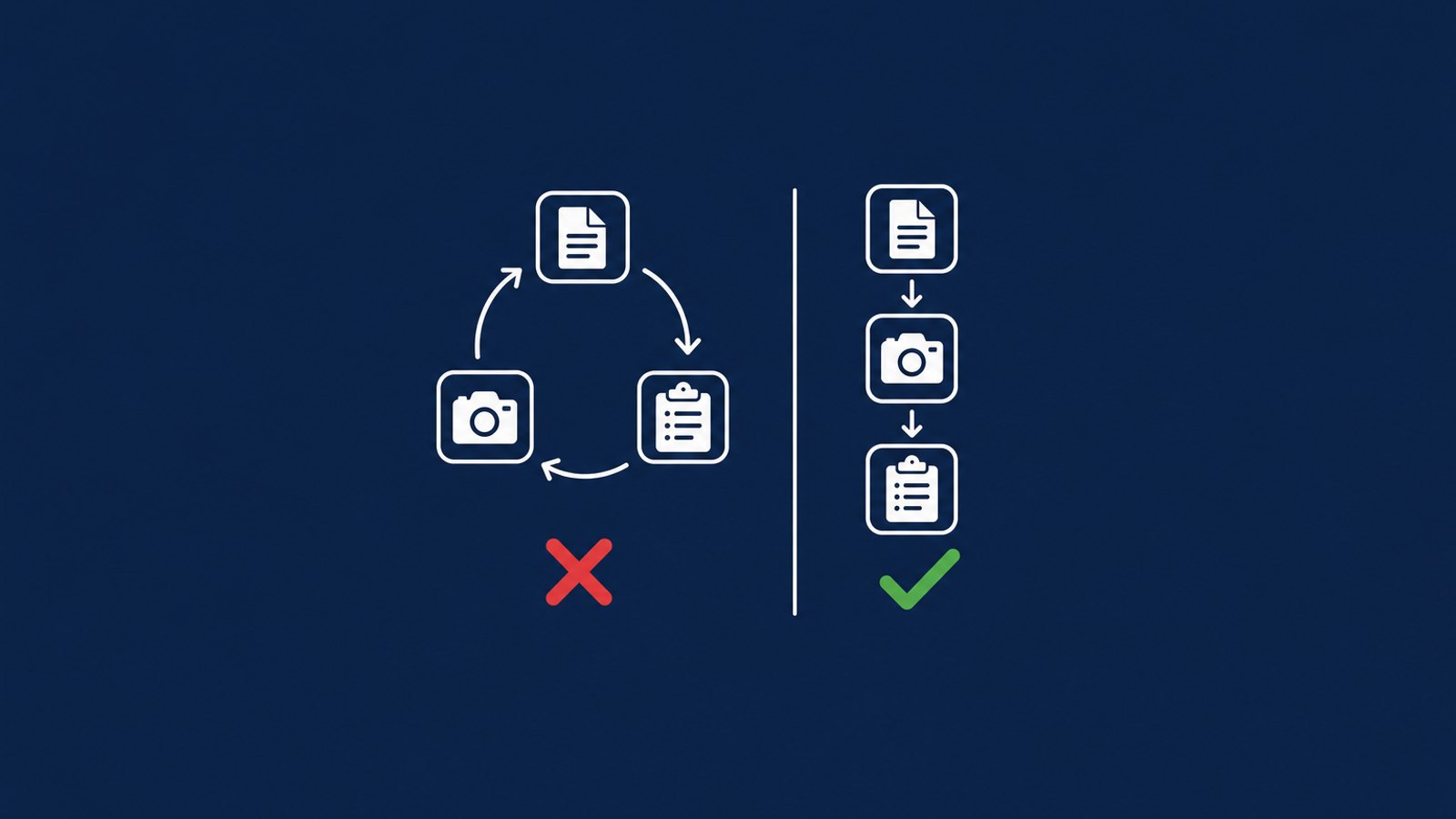 Flat illustrated graphic showing two process flows: reactive submit-deny-fight loop versus proactive documentation standard with checkmarks