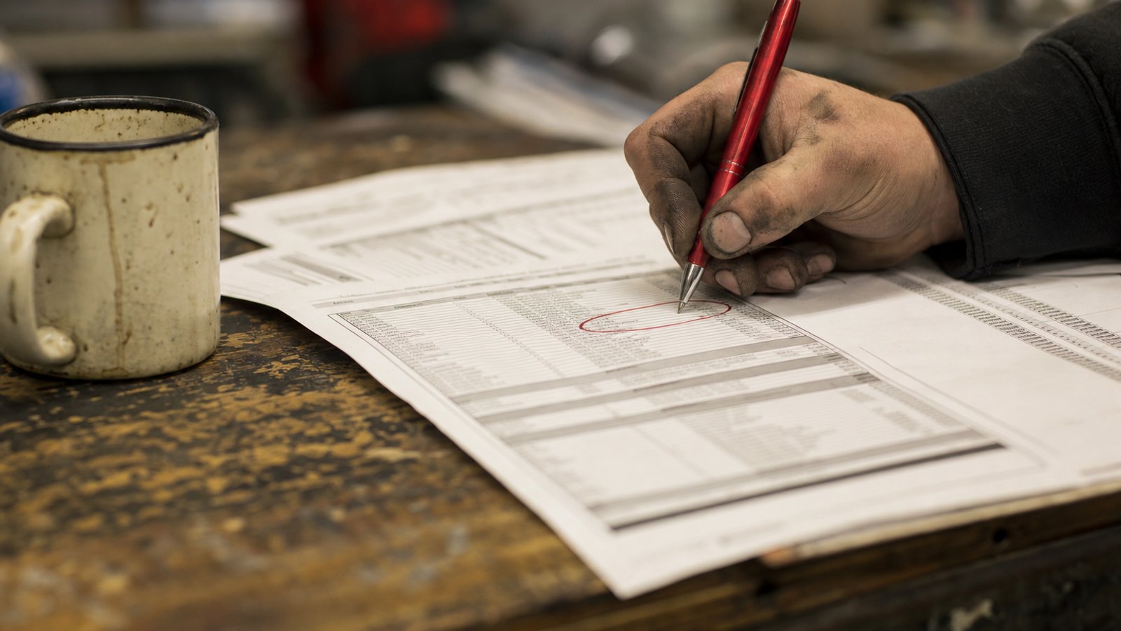 Close-up of a printed multi-page collision repair estimate on a worn desk with a grease-stained hand holding a red pen circling a section