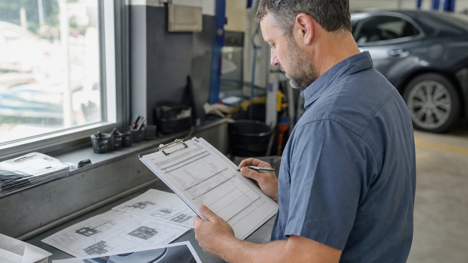 A shop estimator reviewing a printed repair estimate with OEM procedure documents and a damage photo spread across a workbench