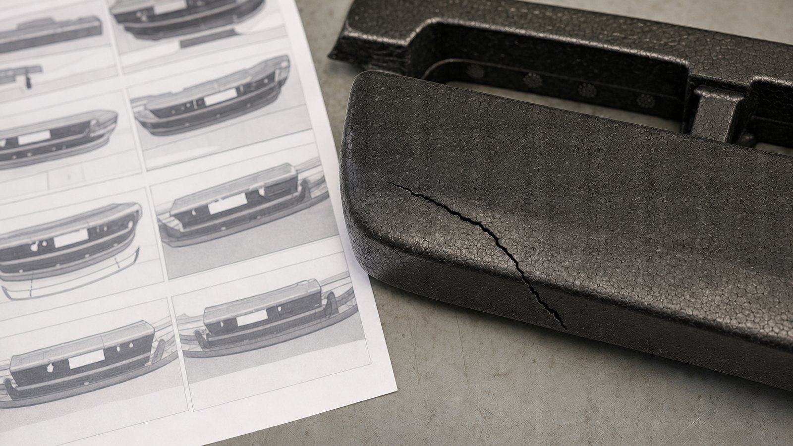 Printed OEM procedure page placed beside a close-up photo of a cracked bumper absorber on a shop work surface