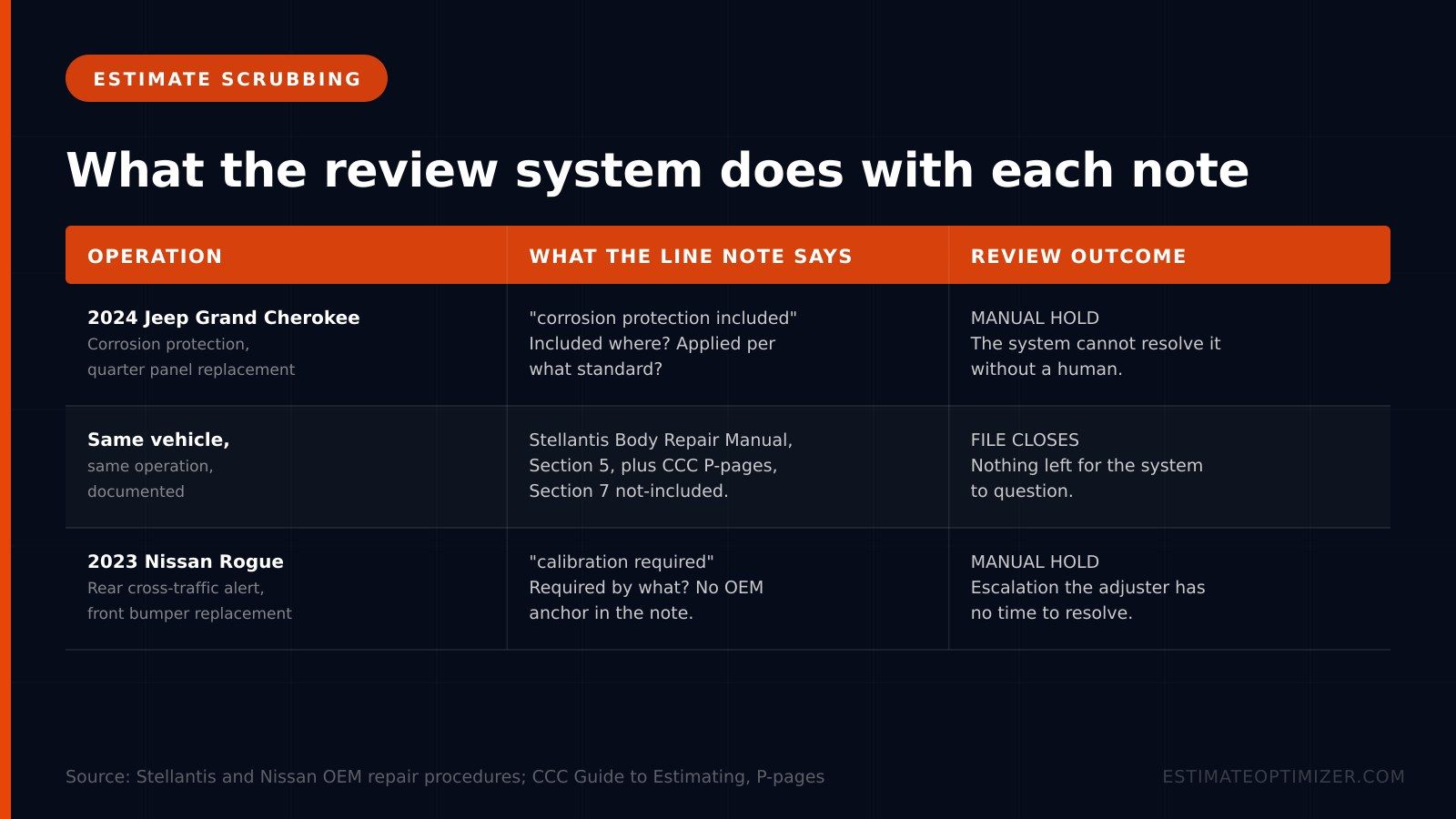 Dark table figure showing three line notes and what the carrier review system does with each, two manual holds and one file that closes on first submission