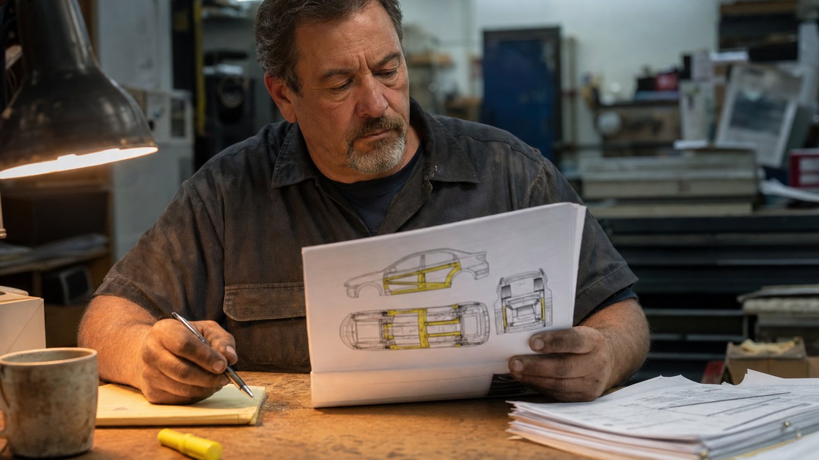Shop owner at cluttered desk reviewing printed OEM position statement document with yellow highlighter and grease-stained hands