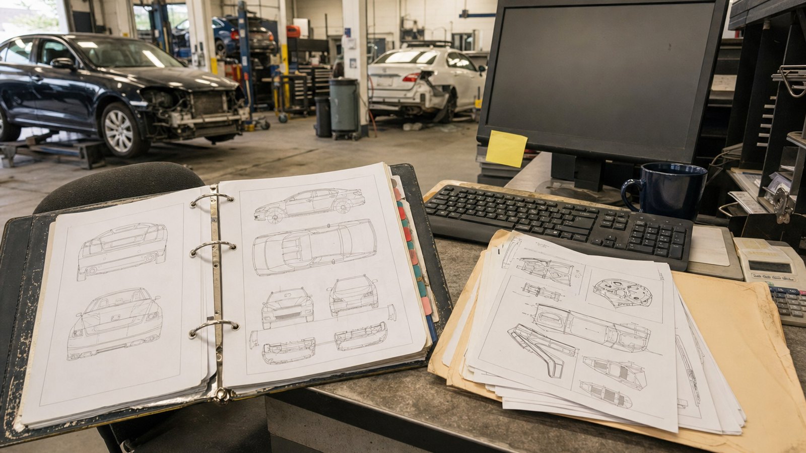 Wide shot of collision repair shop estimating workstation with thick open three-ring binder, manila folder with printed sheets, and worn coffee-stained desk