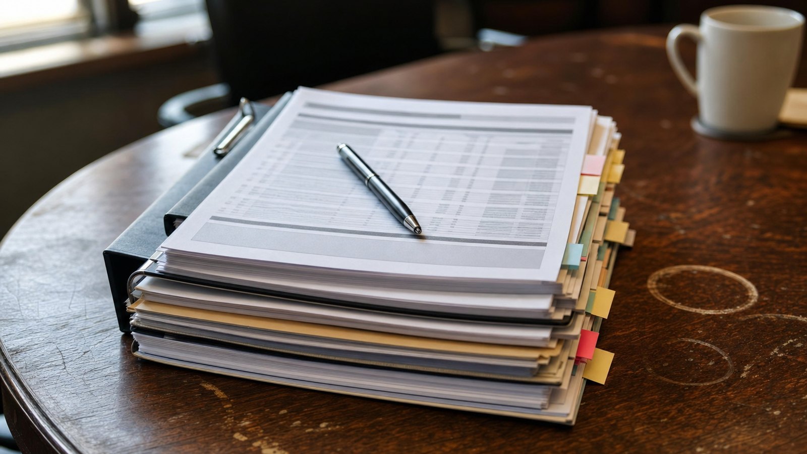 Close-up of organized stack of printed repair documents with sticky-tab exhibit markers on worn conference-room table with pen and coffee cup at edge