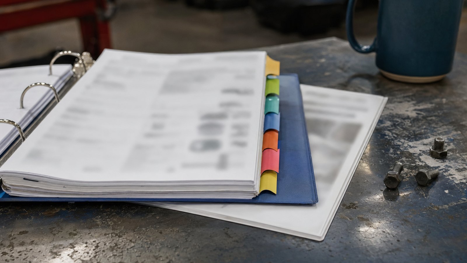 Open binder on a shop workbench showing tabbed rate documentation pages and a printed NABR report