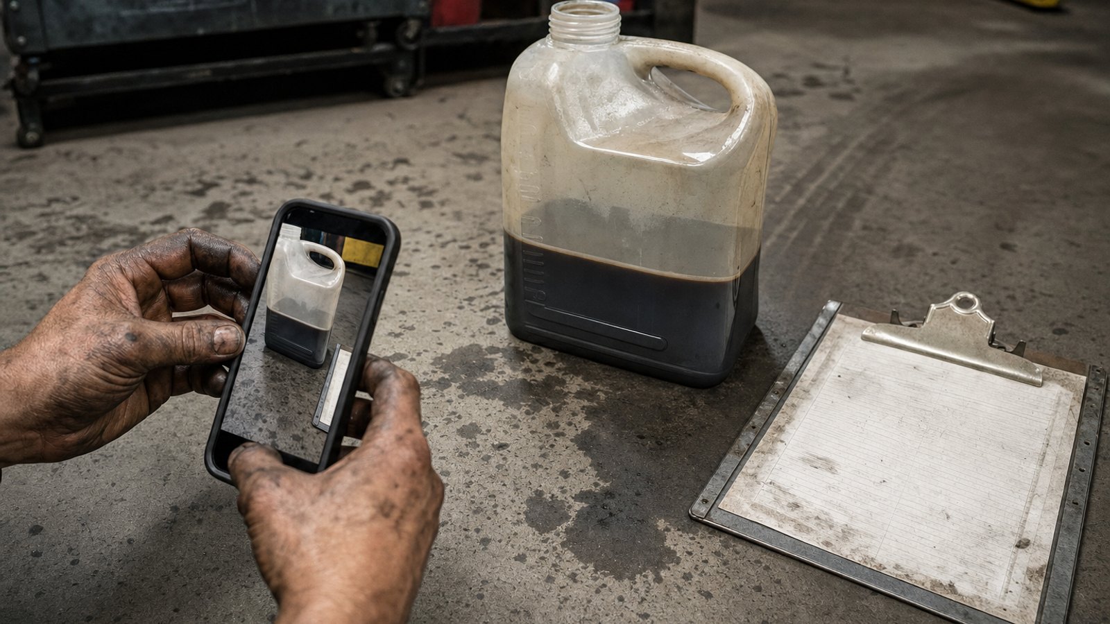 Close-up of a mechanic photographing a labeled fluid drain container on a shop floor next to a repair order clipboard