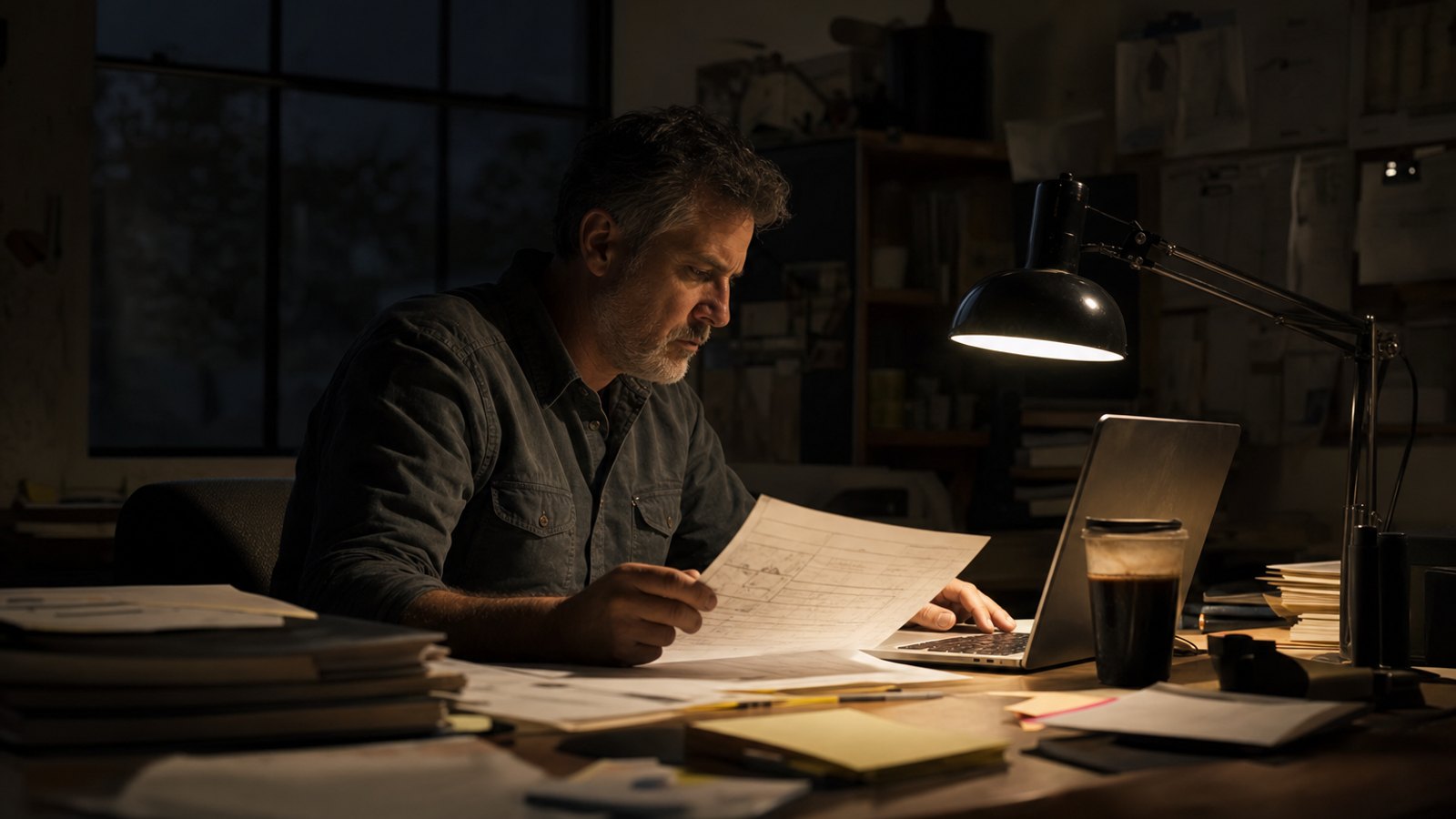 A lone shop owner sitting at an estimating workstation late at night with a single desk lamp illuminating a printed repair estimate and an open laptop displaying technical documents