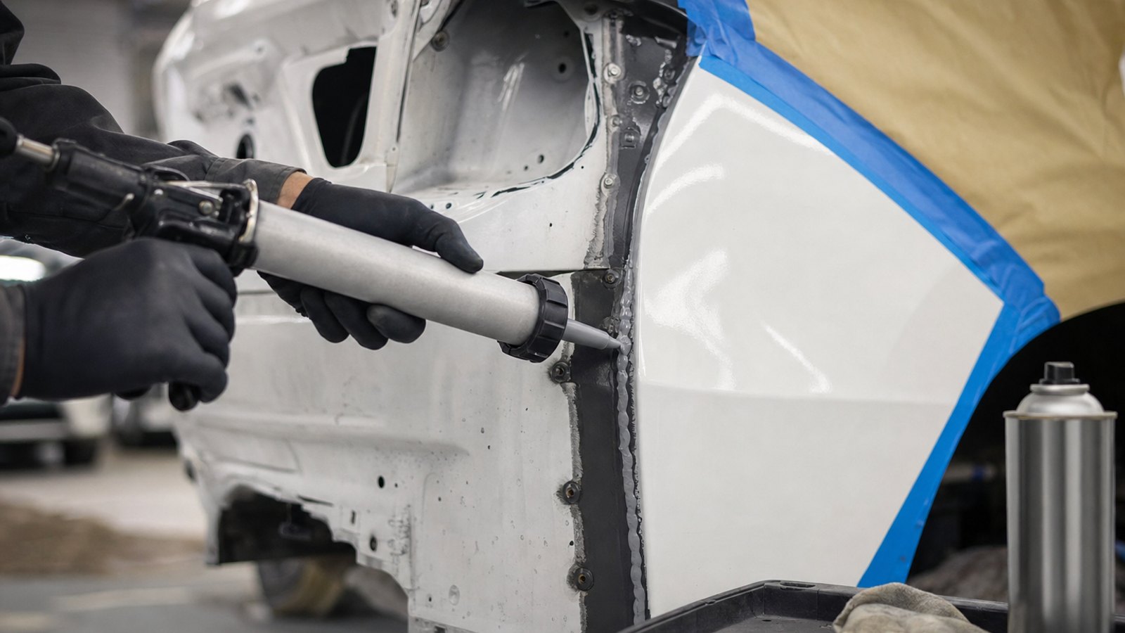 Technician applying seam sealer along a welded quarter panel seam with blue masking tape protecting the adjacent painted panel