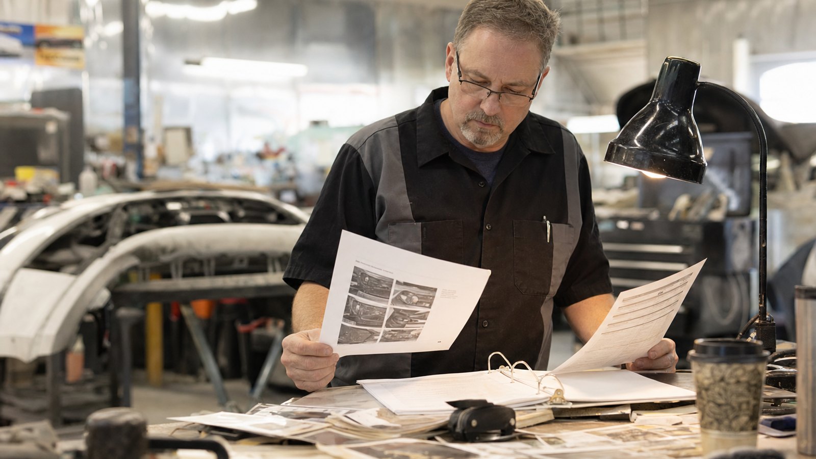 Shop owner at a cluttered desk comparing a printed OEM repair procedure page against a printed estimate