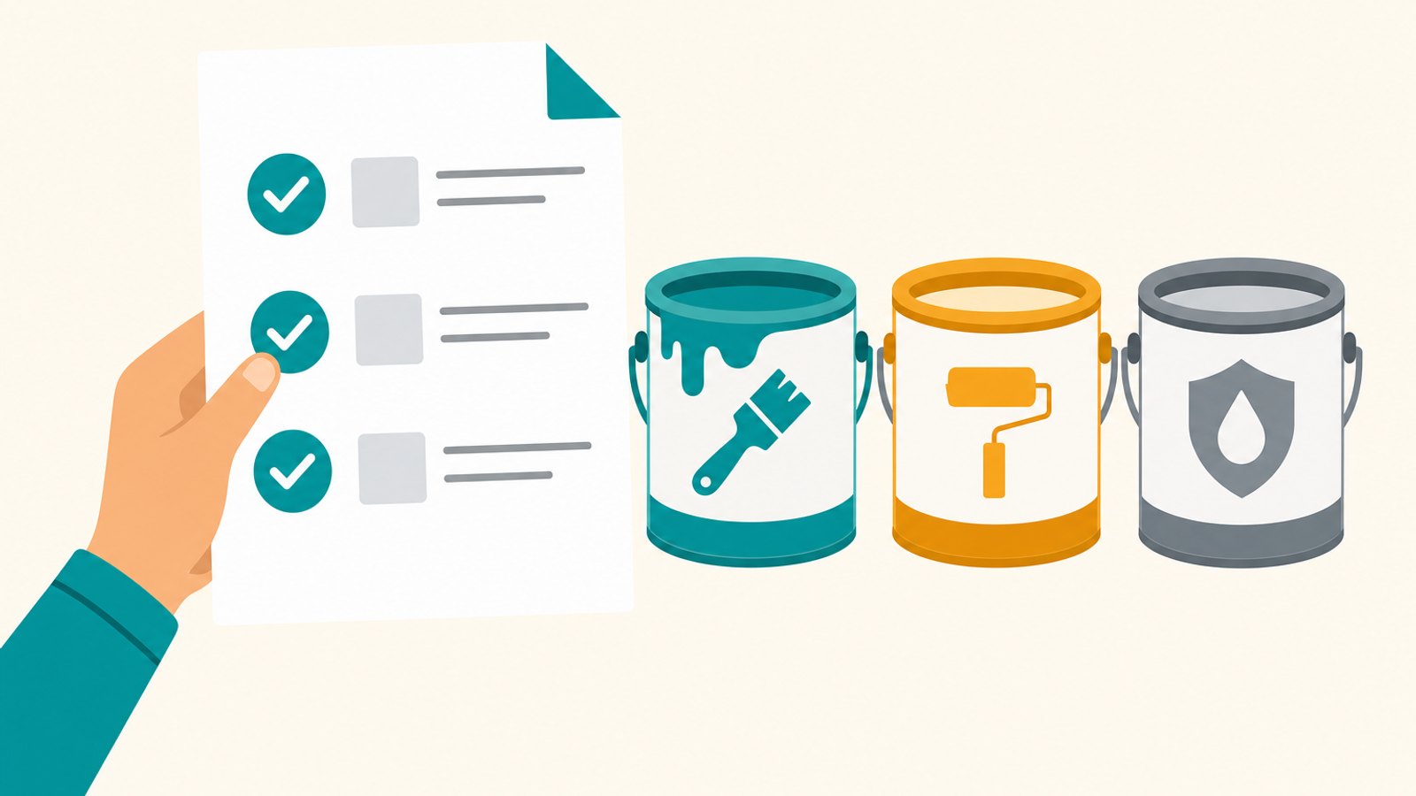 Flat illustration of a hand holding an itemized checklist beside a paint can, a primer can, and a sealer can