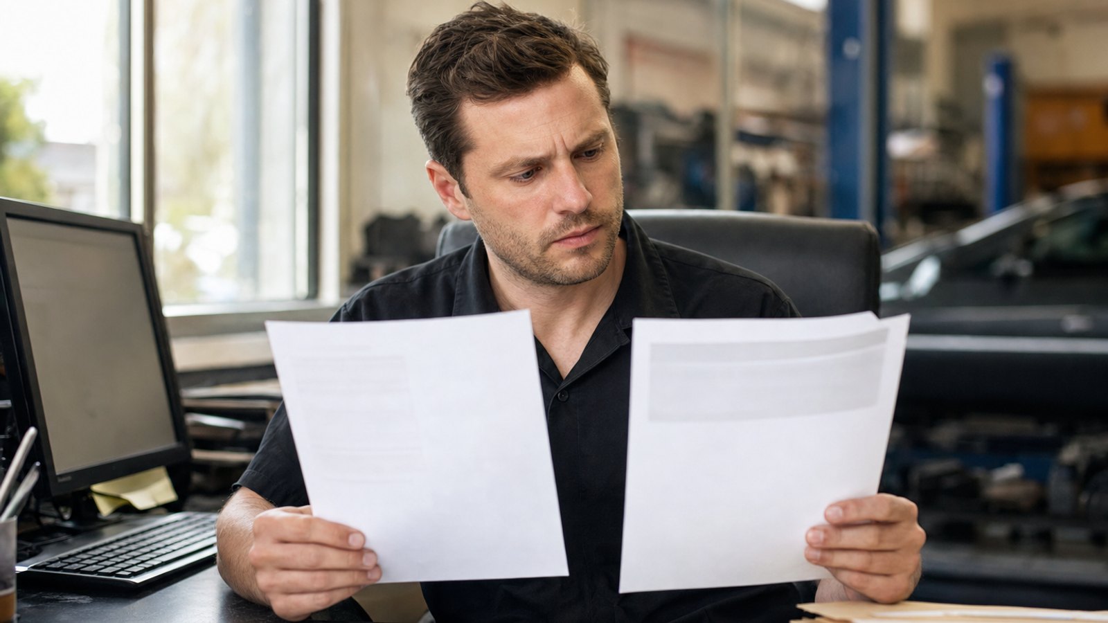 Shop owner at a small office desk comparing a printed email approval next to a repair order with a highlighted OEM citation
