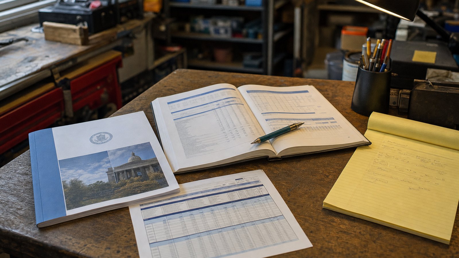 A state government labor rate report with its data tables open on a shop desk, beside a printed rate sheet and a legal pad of notes