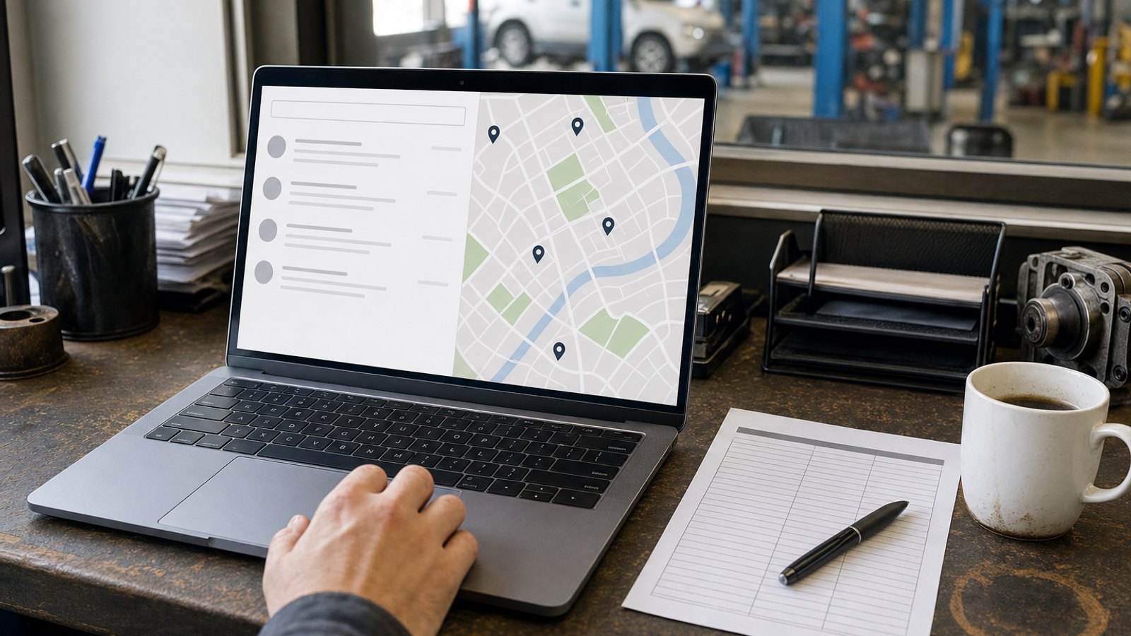 A laptop showing a map search with pinned locations and a results list, next to a printed rate sheet and a cup of coffee